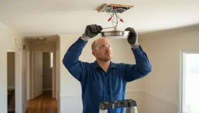 Electrician mounting a ceiling light fixture and wiring connections in a Stockton, CA home