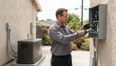 Electrician connects generator transfer switch conductors for a Stockton, CA home backup power system