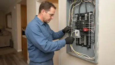 Stockton, CA electrician installing a GFCI breaker in a home's electrical panel for whole-circuit protection