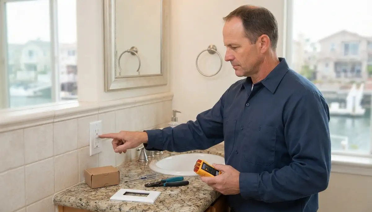 Electrician installing a GFCI outlet for wet areas in a Discovery Bay, CA home