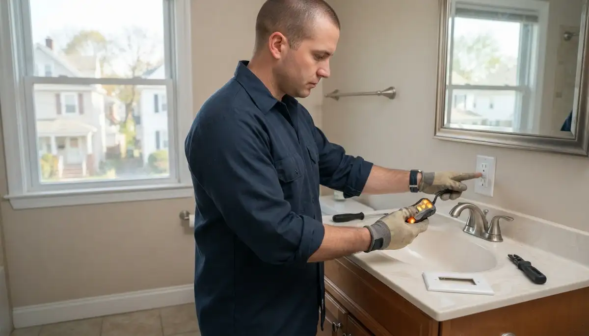 GFCI outlet providing ground-fault protection in a Linden, CA bathroom electrician service.