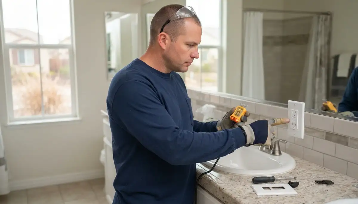 Electrician installing a GFCI outlet near a Stockton, CA bathroom sink for wet-area electrical safety