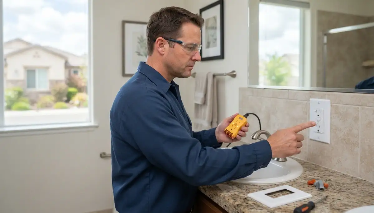 GFCI outlet providing ground-fault protection in a wet area of a Stockton, CA home