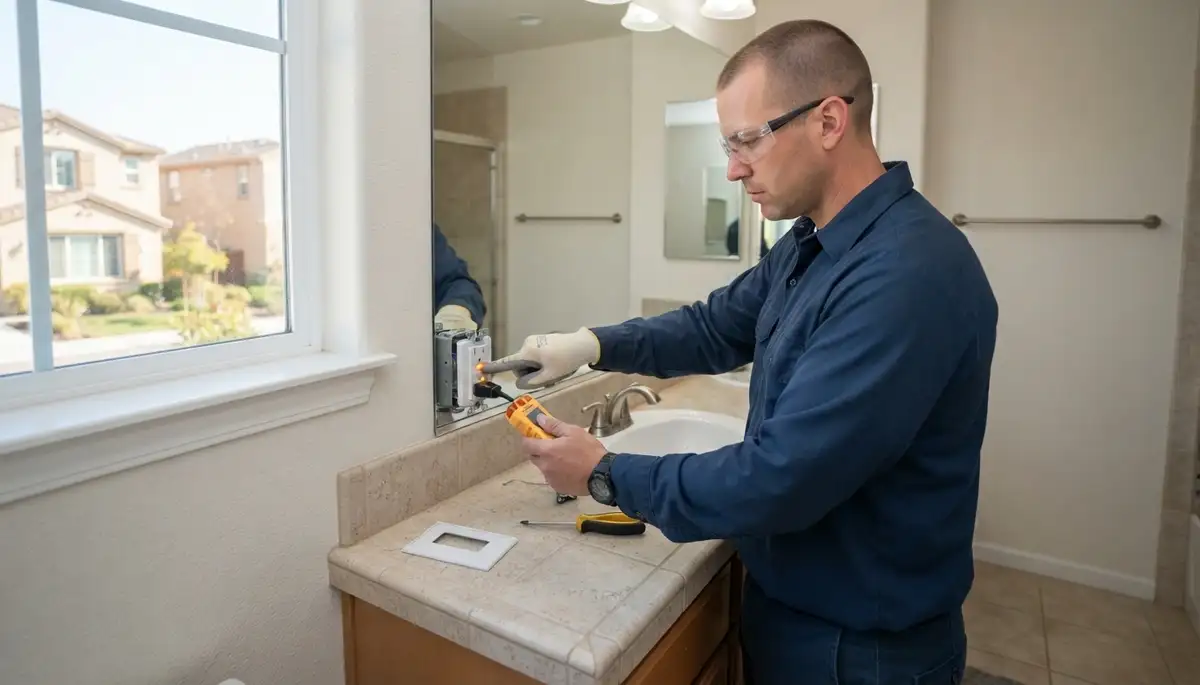 Electrician installs a GFCI outlet near a bathroom sink in a Tracy, CA home.