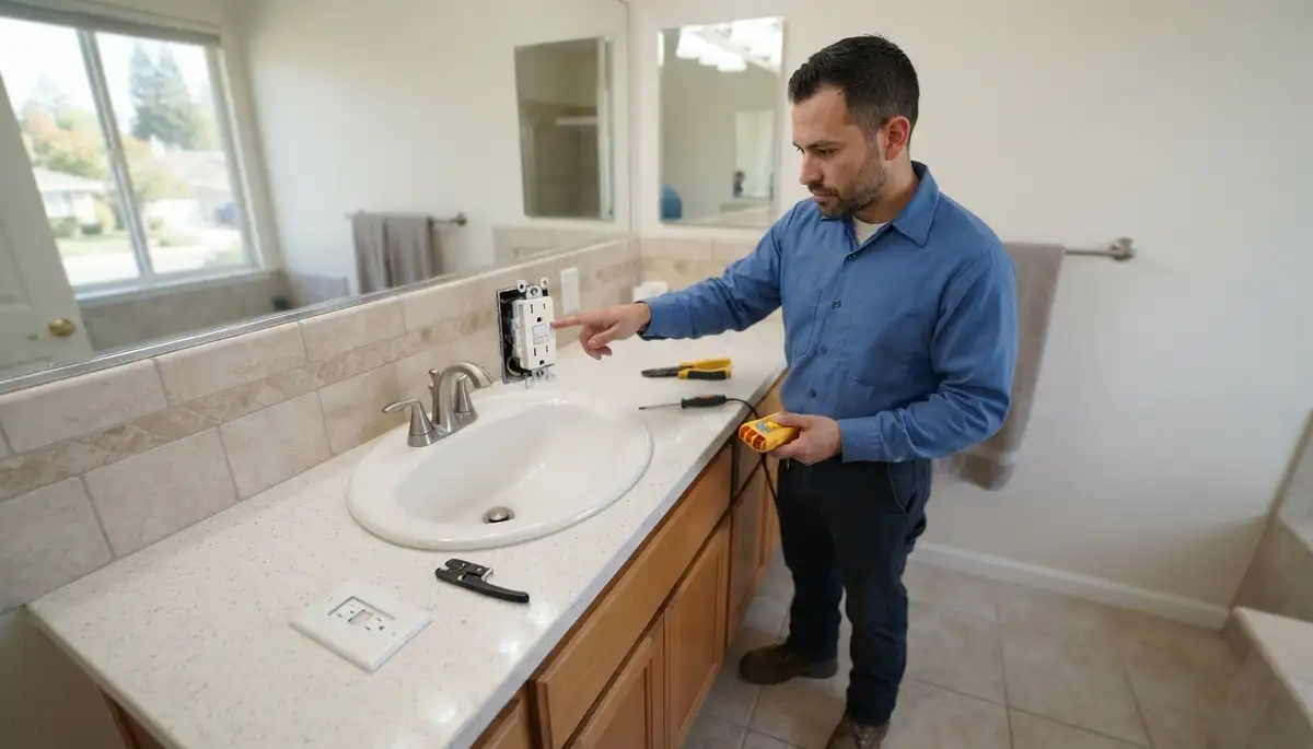 Electrician installing a GFCI outlet for wet-area protection in Walnut Grove, CA