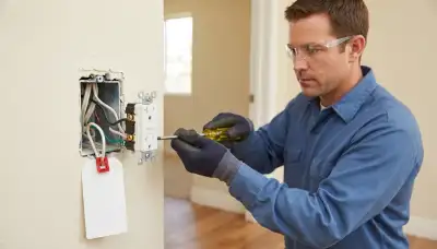 Electrician installing a GFCI receptacle with line and load wiring in a Stockton, CA home