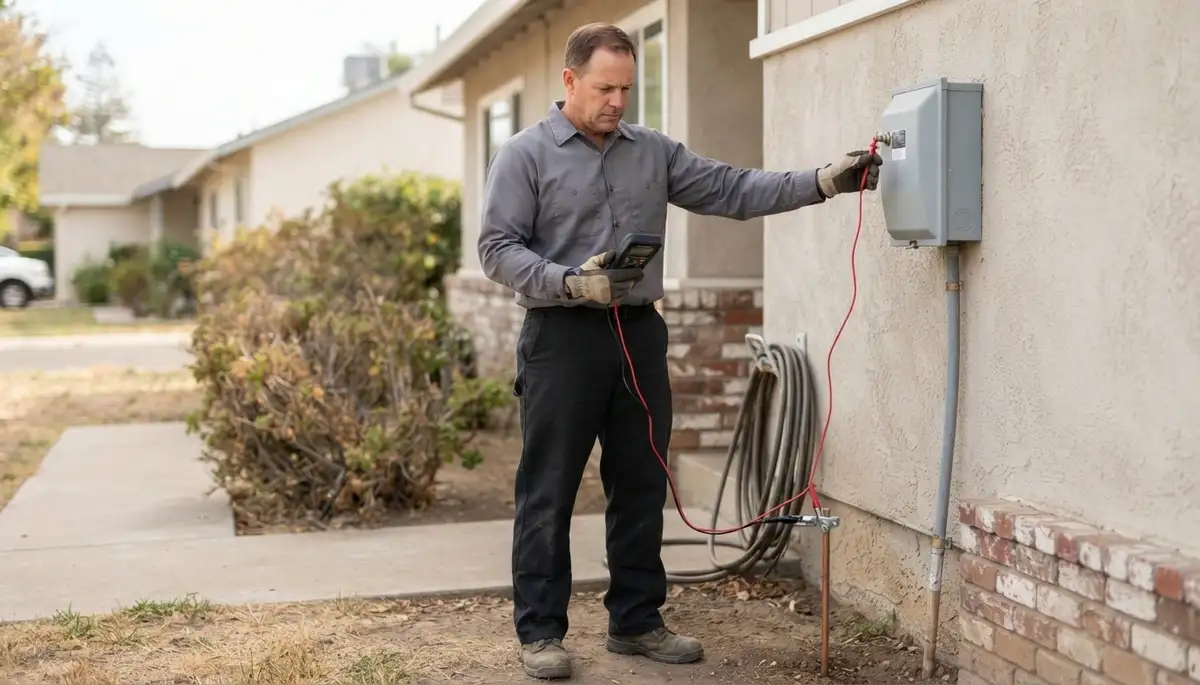 Electrician tests ground path continuity with a meter for lightning surge protection at a Stockton, CA home