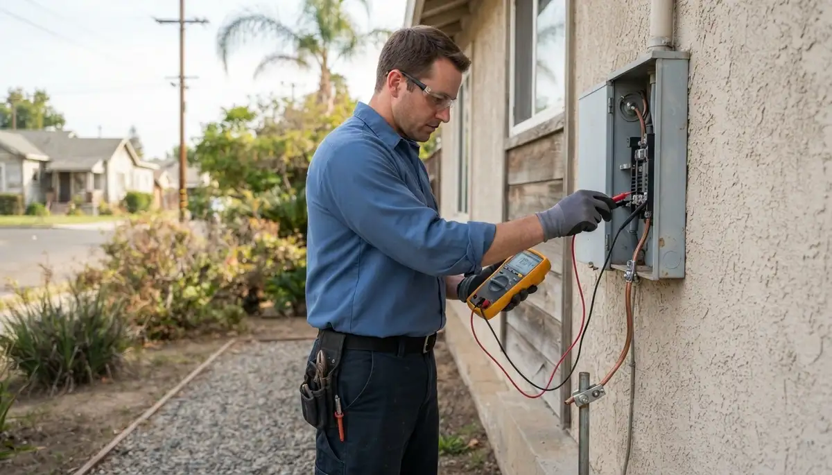Electrician verifying grounding and service voltage with a multimeter in Stockton, CA