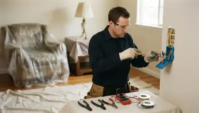 Residential electrician performing circuit work in a Stockton, CA home with drop cloths protecting floors and furniture