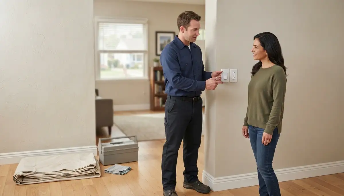 Residential electrician demonstrates a new electrical device to a homeowner in Stockton, CA