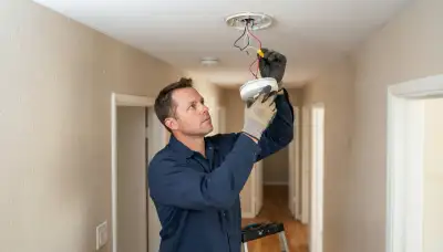 Electrician wiring an interconnected smoke detector during a Stockton, CA home installation
