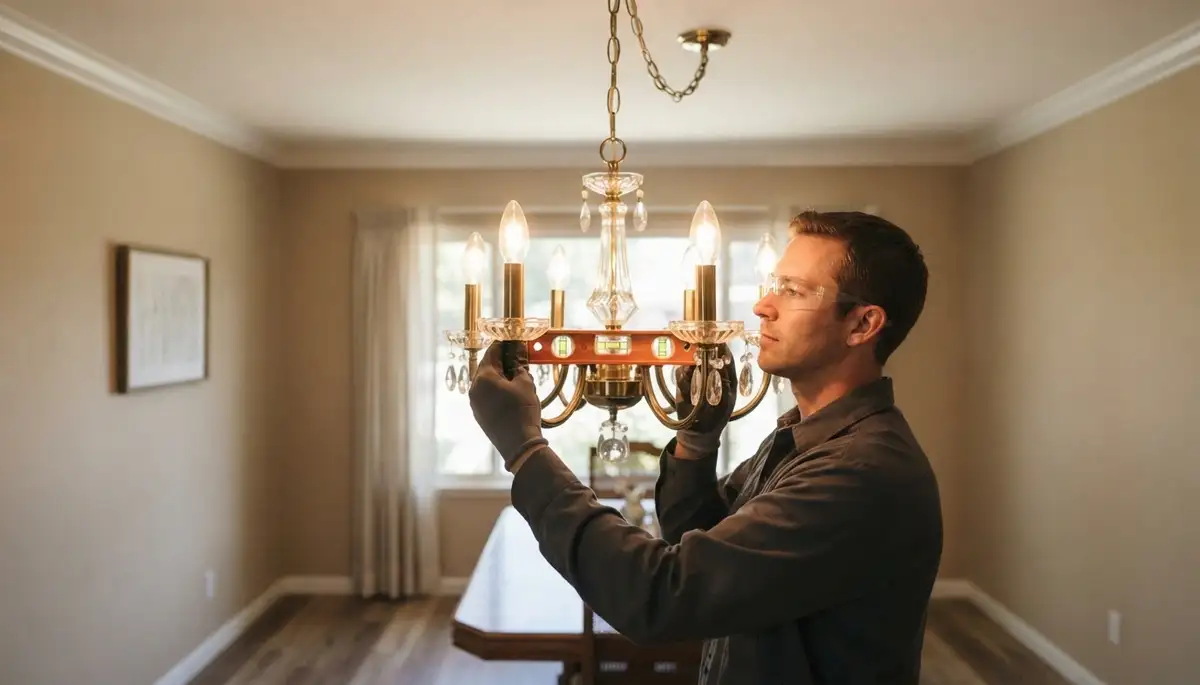 Stockton, CA electrician levels chandelier and tests dimmer for smooth operation