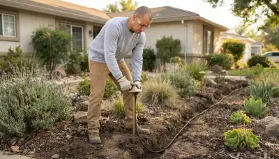 Technician installs low-voltage landscape lighting fixtures and buried cable at a Stockton, CA home