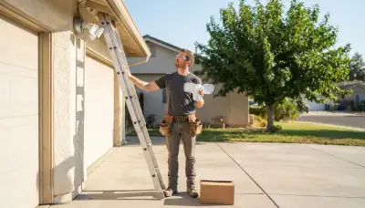 Electrician prepares to install a motion-sensor security light on a Stockton, CA garage eave