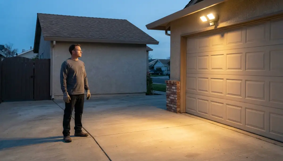 Electrician tests motion-activated security light coverage at a Stockton, CA home driveway