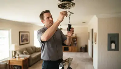 Electrician replacing a ceiling fan capacitor and reconnecting wiring in Stockton, CA