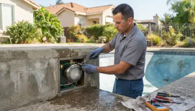 Electrician installs and bonds a replacement pool light fixture in a Stockton, CA home's niche