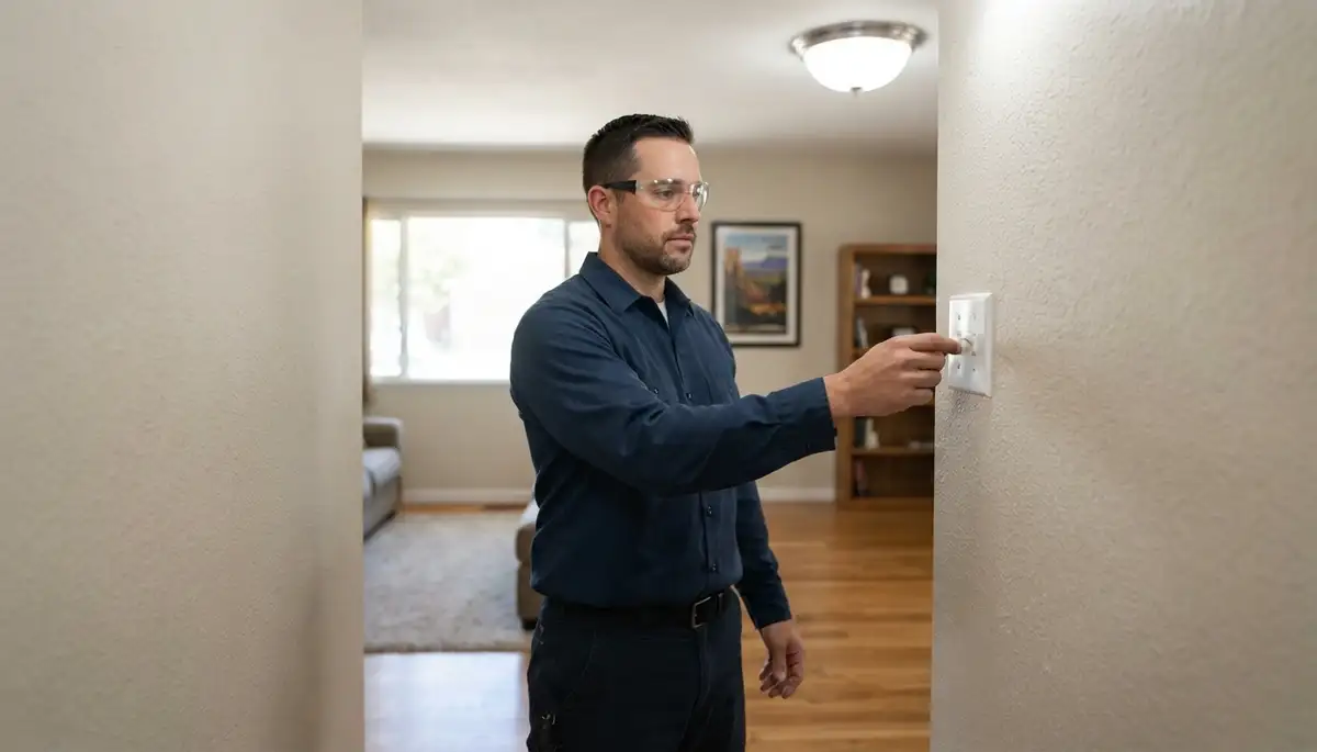 Electrician tests a newly installed light switch and confirms operation in a Stockton, CA home