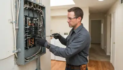 Licensed electrician seating a circuit breaker in a de-energized electrical panel in Stockton, CA