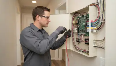 Technician terminating labeled zone wiring in a fire alarm control panel in Stockton, CA