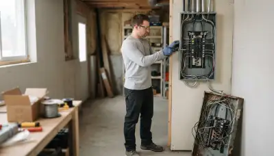 Electrician upgrading an electrical panel in an older Byron, CA home.