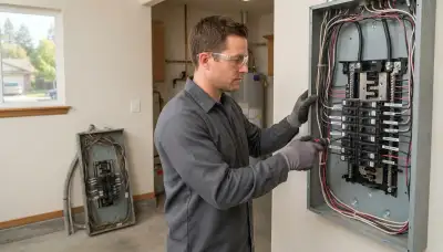 Electrician upgrading an outdated electrical panel in an older Stockton, CA home