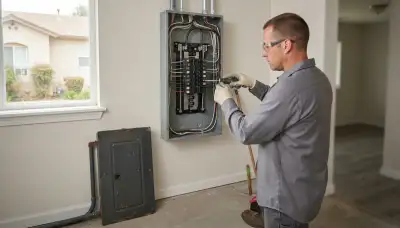 Electrician upgrading an electrical panel in an older Stockton, CA home