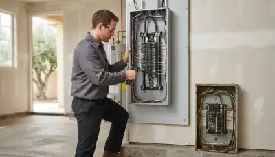 Electrician upgrading an electrical panel in an older Stockton, CA home