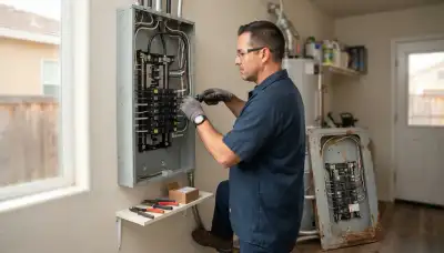 Electrician upgrading an older home's electrical panel to 200-amp service in Tracy, CA
