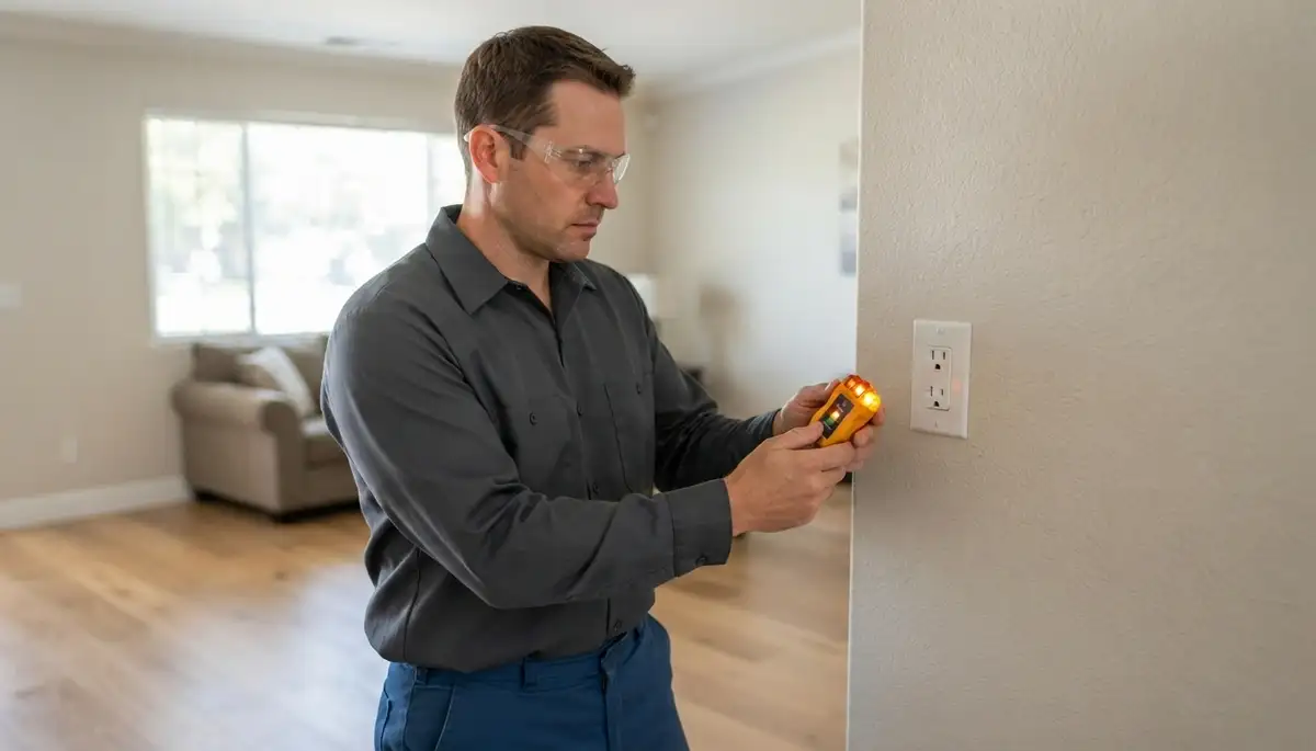 Electrician tests repaired outlet for correct polarity and grounding in Stockton, CA