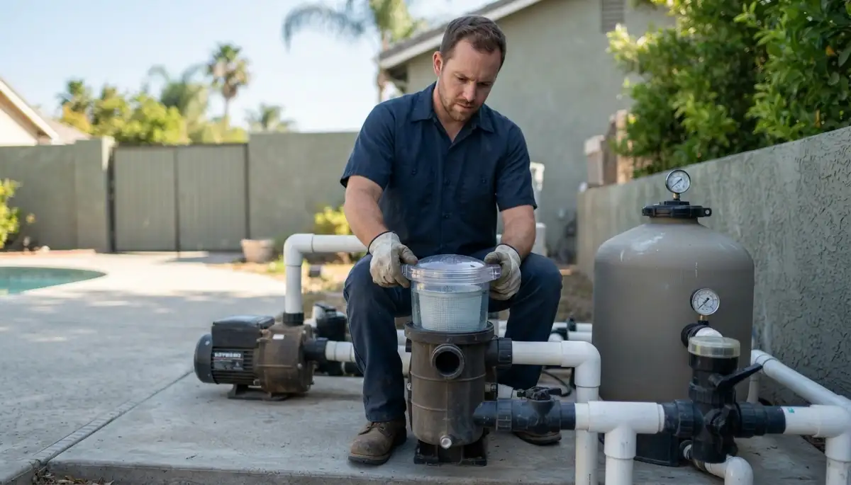 Stockton, CA electrician closes pool pump strainer lid after priming and verifies water flow