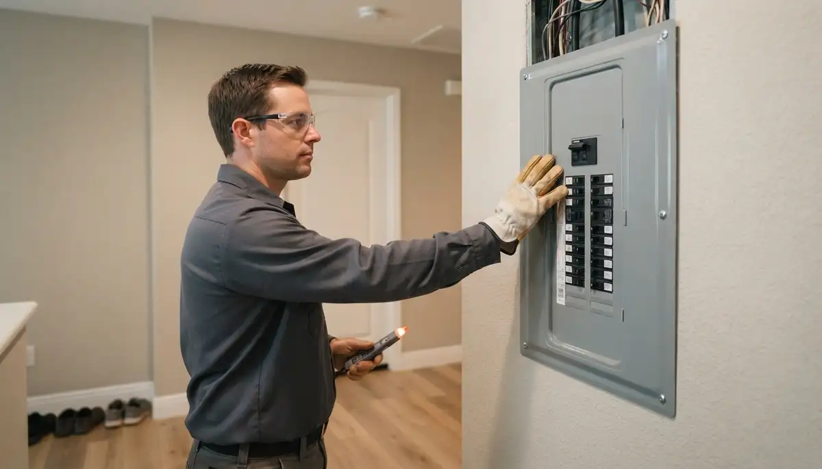 Stockton, CA electrician inspecting a completed electrical panel during a final project walkthrough