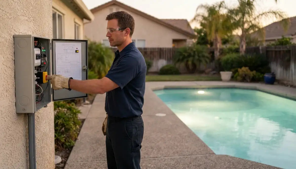 Stockton, CA electrician tests pool light GFCI protection at deck panel beside illuminated pool