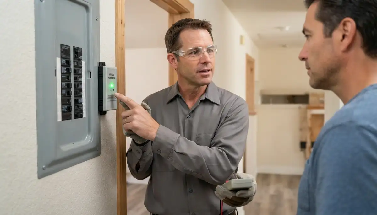 Electrician verifies active whole-home surge protection status in a Stockton, CA home