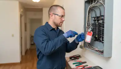 Stockton, CA electrician repairing a circuit with a lockout tag, safety gloves, and professional tools