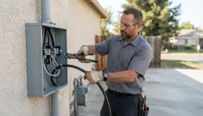 Electrician terminating service conductors in a new meter base for a Stockton, CA home