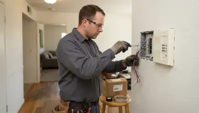 Electrician terminating intercom station wires during intercom installation in Stockton, CA