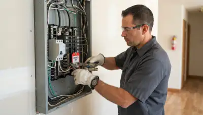 Electrician installs a whole-home surge protector with short leads in a Stockton, CA main electrical panel