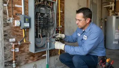 Electrician installs bonding jumpers and lightning surge protection at a service panel in a Stockton, CA home