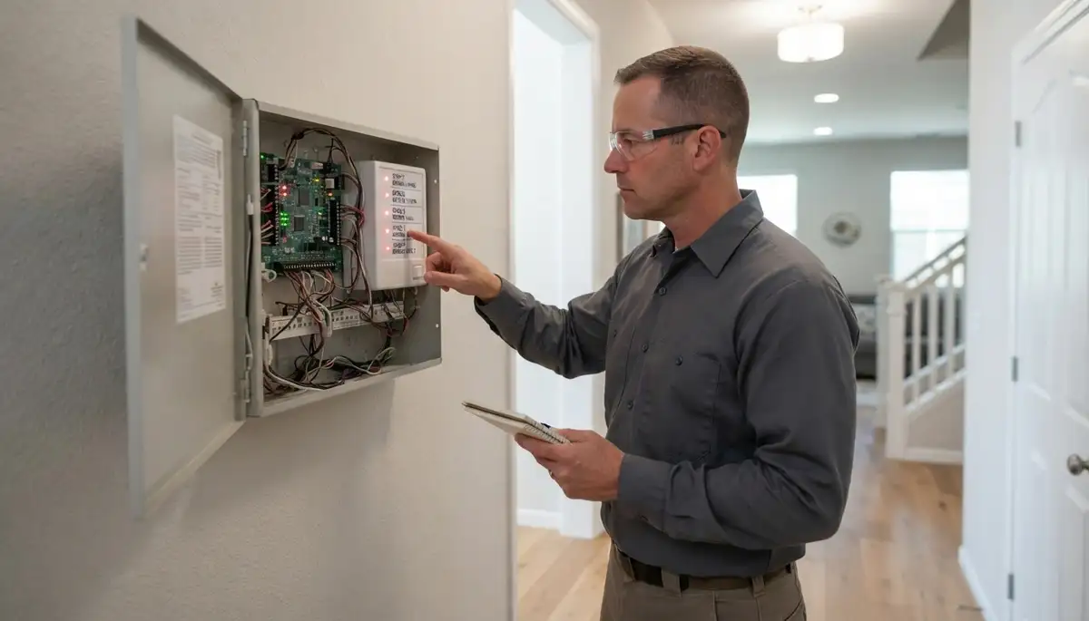 Technician testing fire alarm control panel zones during installation in Stockton, CA