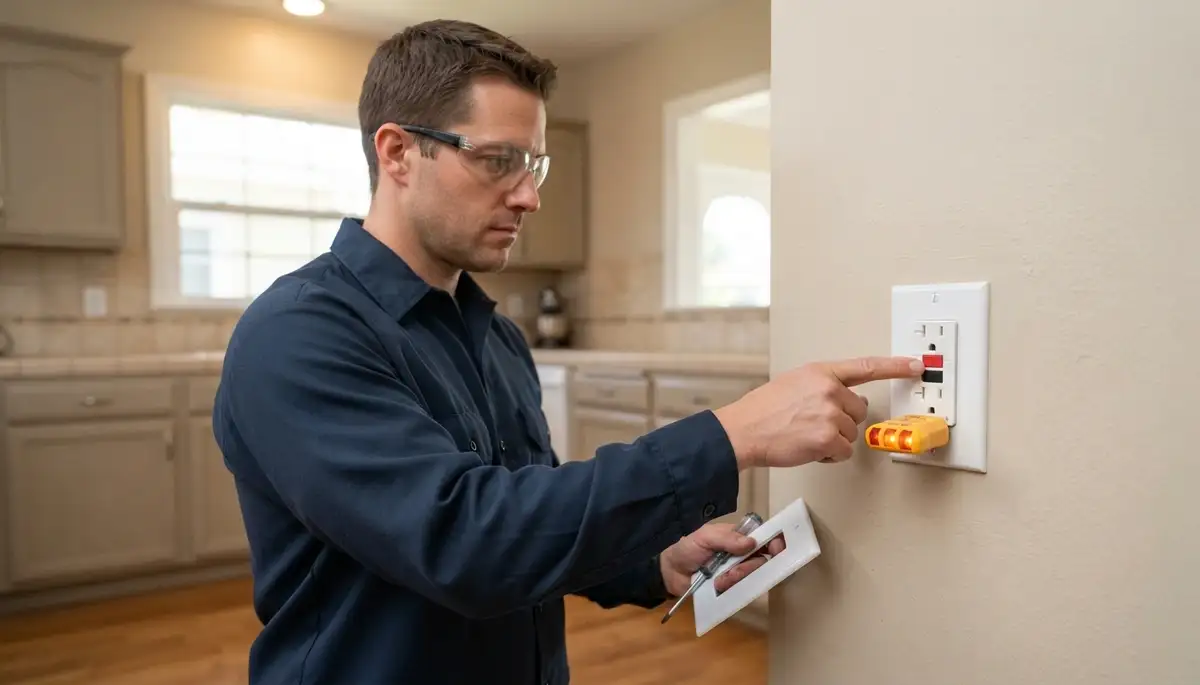 Electrician presses test button on newly installed GFCI outlet in a Stockton, CA home