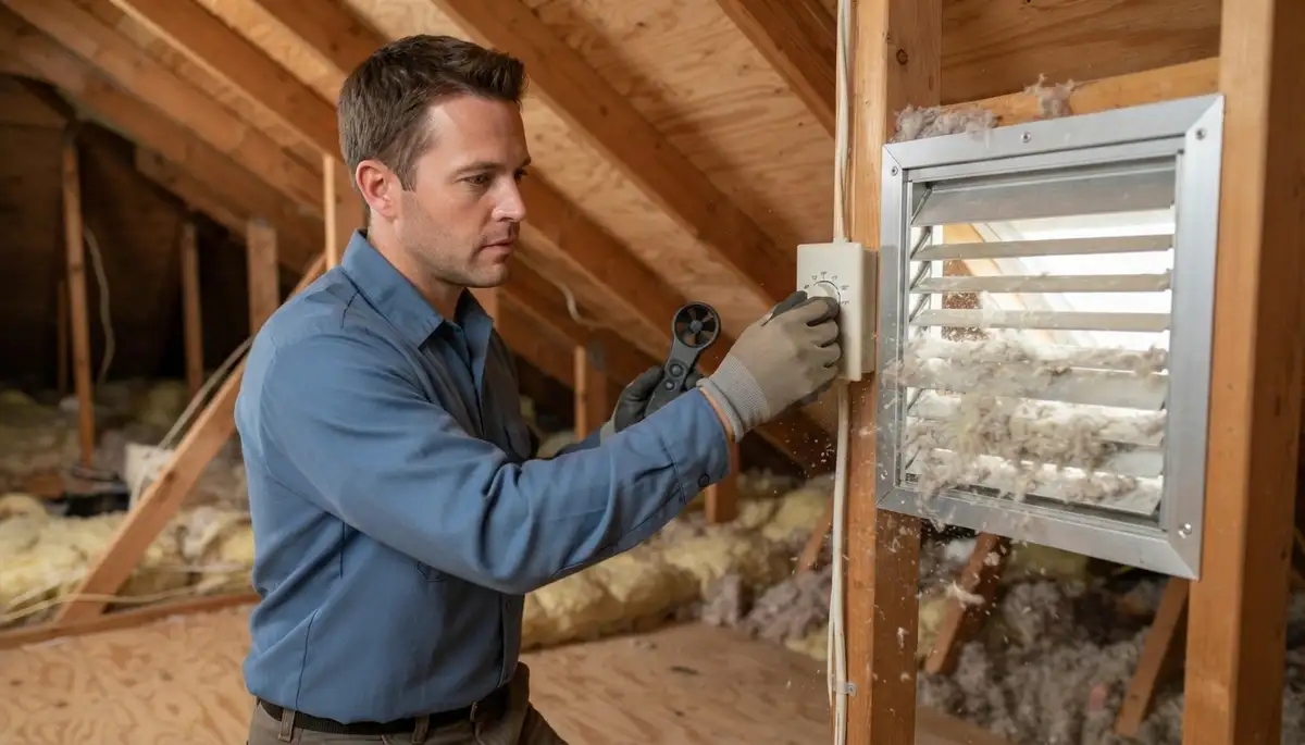 Stockton, CA electrician adjusts attic fan thermostat to verify airflow near soffit intake vents