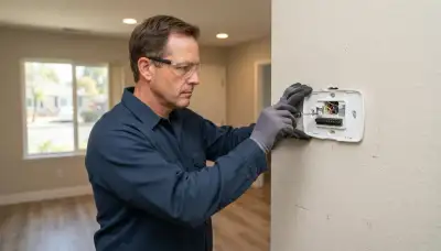 Electrician wiring and leveling a thermostat base during home installation in Stockton, CA