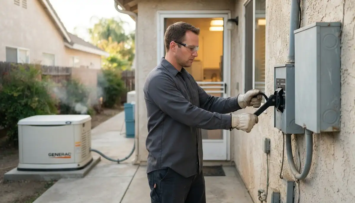 Electrician testing a generator transfer switch during a simulated outage in a Stockton, CA home