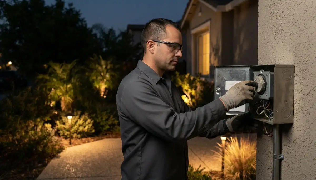Stockton, CA electrician adjusts a landscape lighting transformer timer as path lights glow at dusk