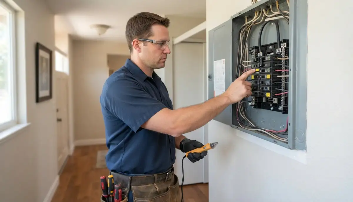 Stockton, CA electrician pressing a GFCI breaker test button to verify ground-fault protection