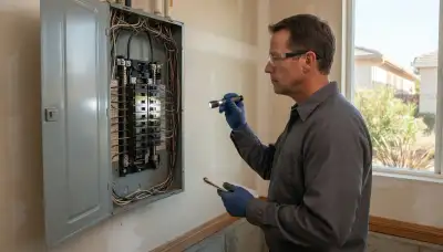 Electrician inspecting a home's electrical panel and circuits during a whole-home inspection in Stockton, CA