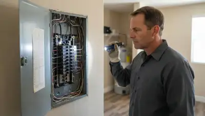 Electrician inspecting home wiring during a whole-home electrical inspection in Byron, CA