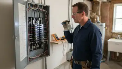Electrician inspecting a home's electrical panel during a whole-home electrical inspection in Stockton, CA