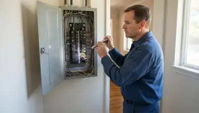 Electrician performing a whole-home electrical inspection in Galt, CA, checking the breaker panel and wiring